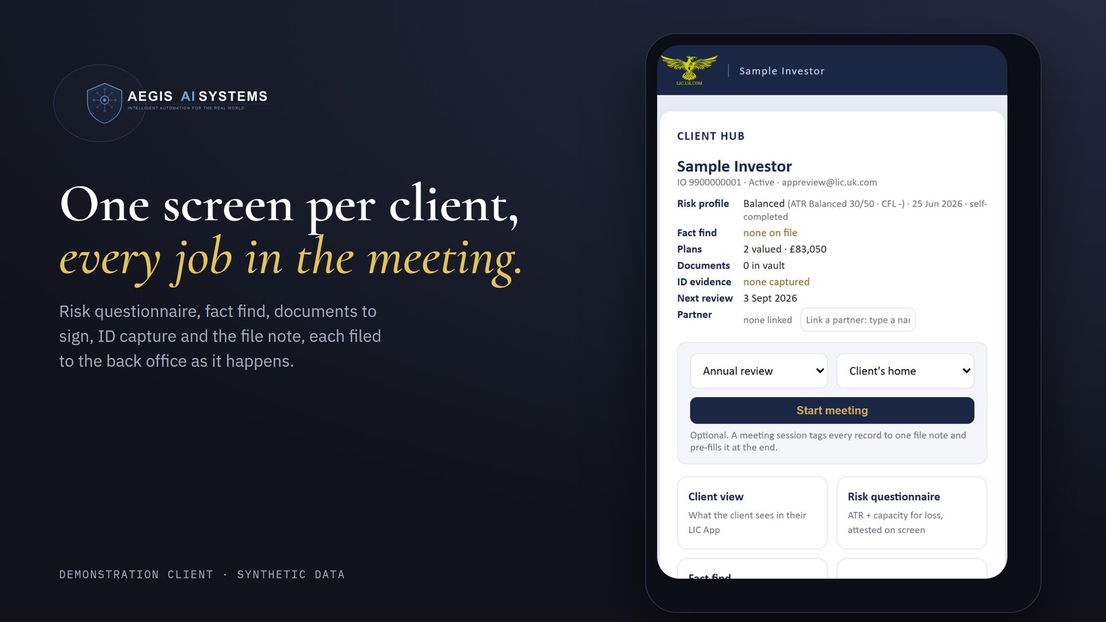 The Aegis adviser app client hub: risk profile, fact find, plans, documents and ID evidence for a demonstration client, with one tile per meeting task