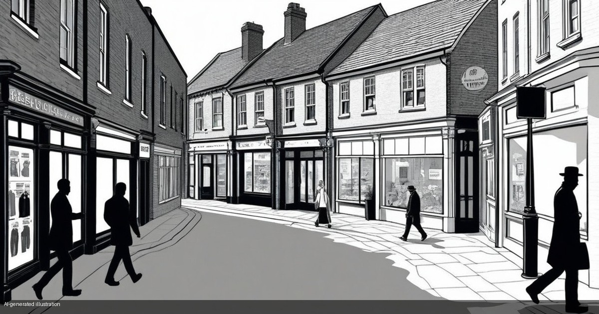 Monochrome illustration of a Kent high street with shoppers walking past shopfronts