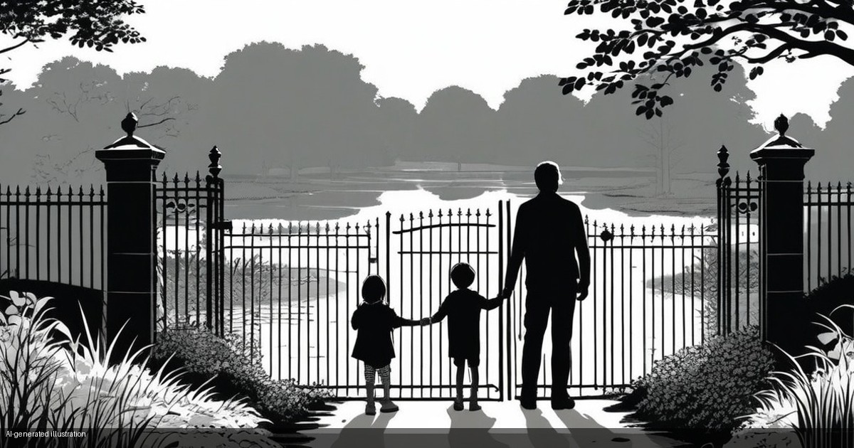 Monochrome illustration of a family at the gates of a park beside a lake