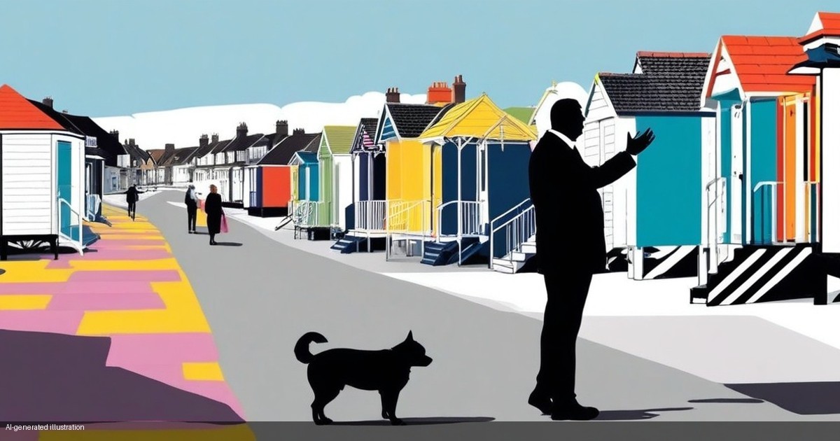 Colour illustration of a seafront promenade lined with brightly painted beach huts