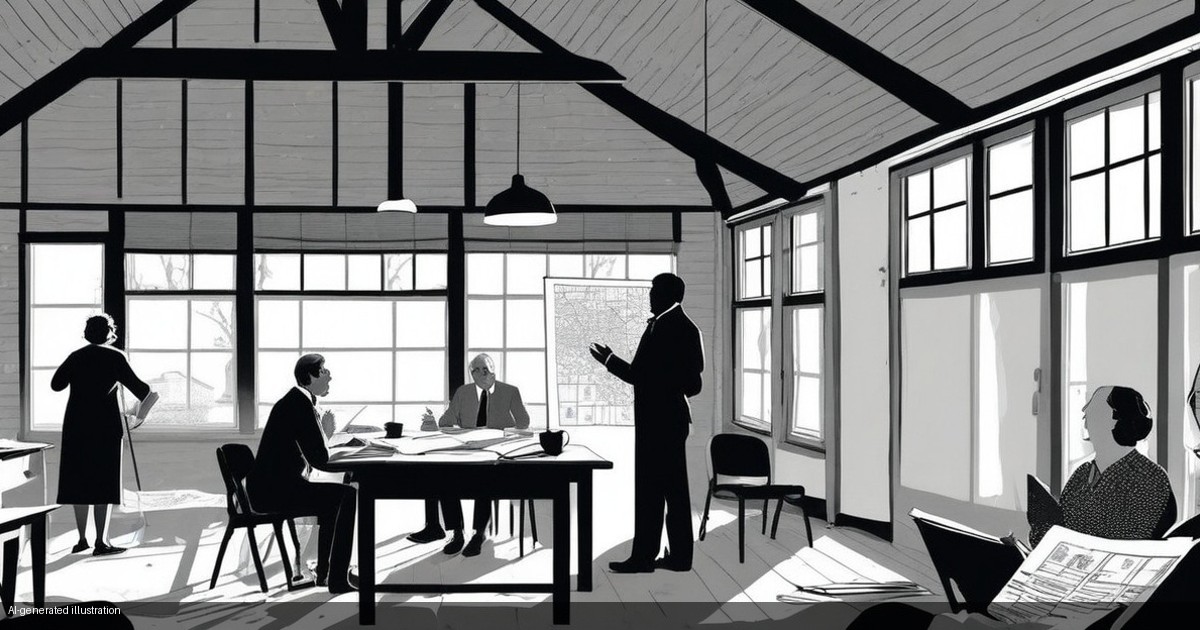 Monochrome illustration of people meeting around a table in a village hall